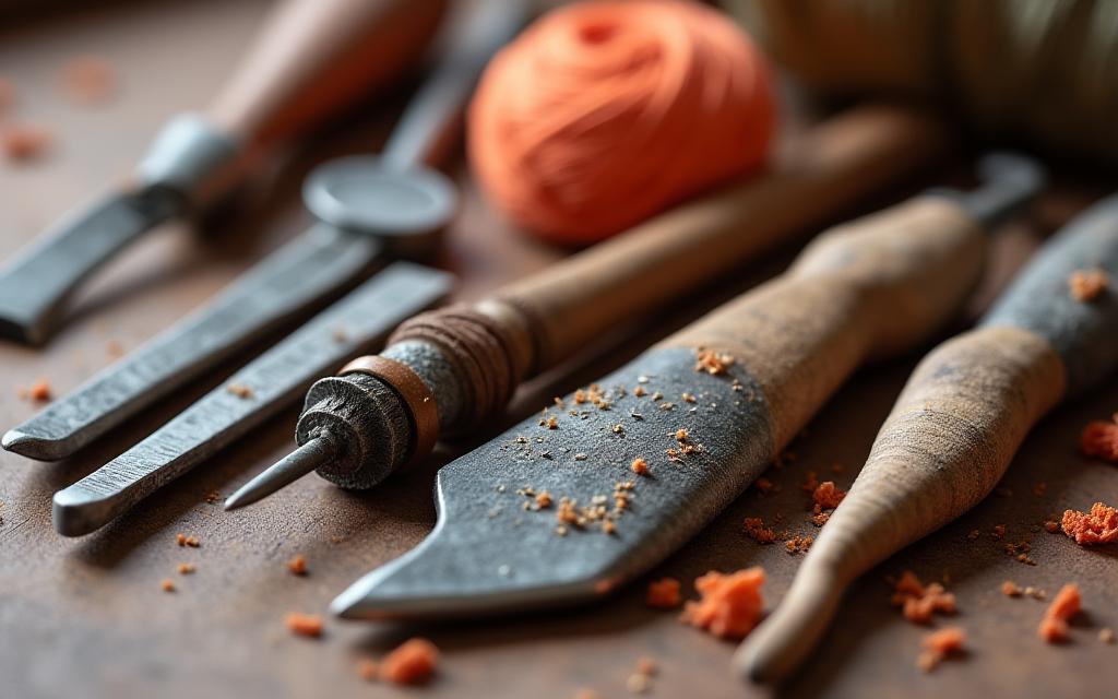Détail des outils de potier et d'artiste textile dans l'atelier