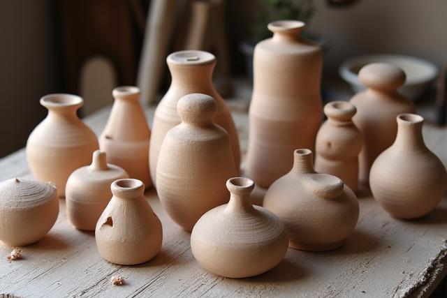 Diverses formes de céramiques faites à la main sur une table, attendant d'être cuites, avec des outils de modelage en arrière-plan.