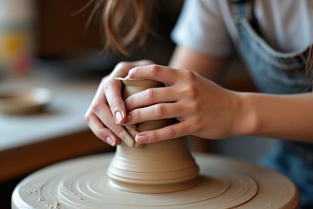 Jeune apprentie concentrée sur un tour de potier, créant une poterie en argile.