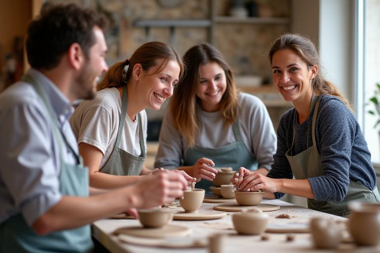Groupe de personnes souriantes et travaillant ensemble sur des céramiques lors d'un atelier privé de team-building.