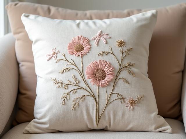 Coussin brodé à motifs floraux délicats