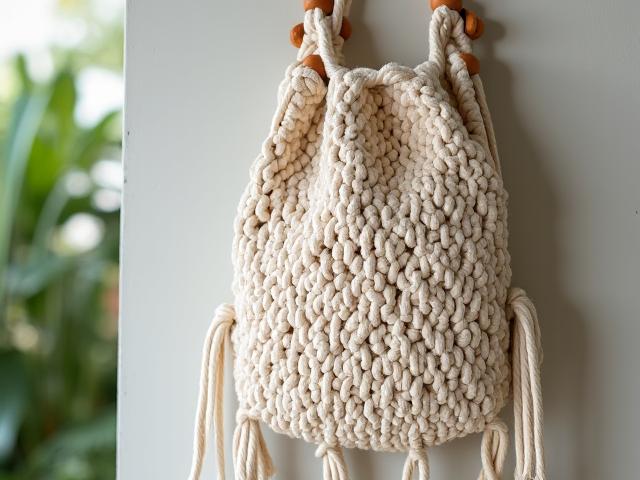 Sac fourre-tout en macramé fait main avec des détails en bois